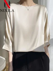 New Summer Oversized T Shirt Women's Blouses Shoort Sleeve Round Neck Elegant Silk Satin Shirt Fashion Top Vintage Women Clothes