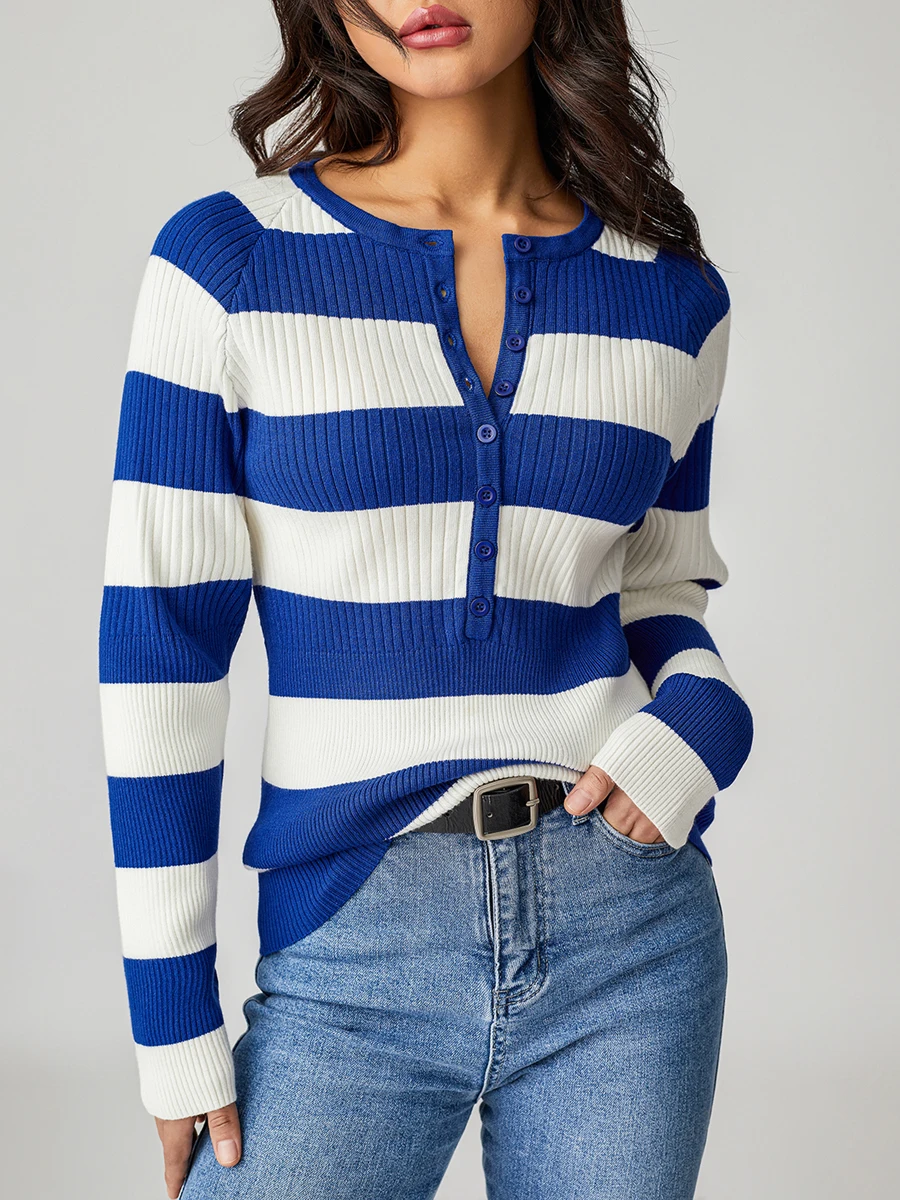 

Long Sleeve Fall Knit Tops Women Casual Stripes Contrast Color 1/2 Button Pullovers Slim Sweater Streetwear