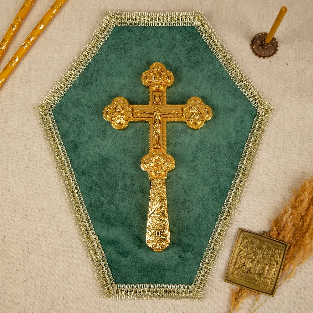 Gold Silver Copper Tone Orthodox Handheld Blessing Cross Embossed Saints Holy Spirit Crucifix Church Priest Liturgical Decor Gif