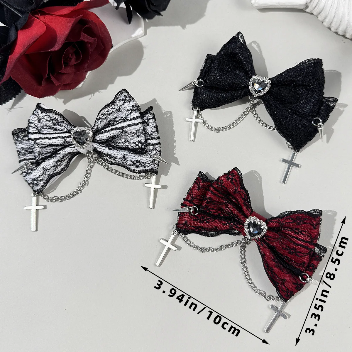 24pc Gothic Heart-Shaped Cross Lace Embroidered Bow Hair Clips for Women Fashionable Side Hair Grips Bulk Pack Hair Accessories