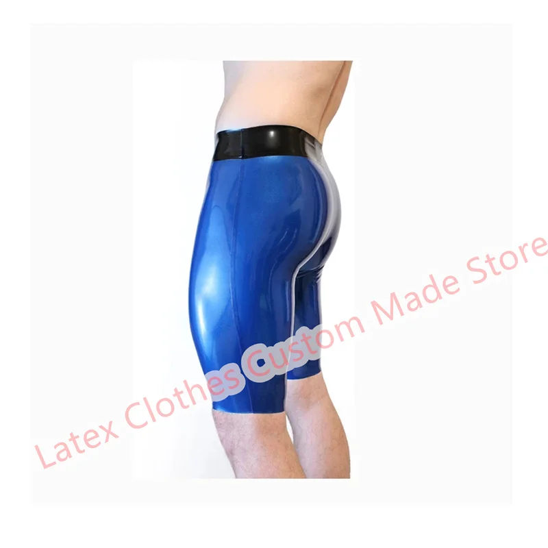 Sexy Black 100% Natrual Latex Panties Rubber Men Boxer Shorts Blue with Black Short Pants