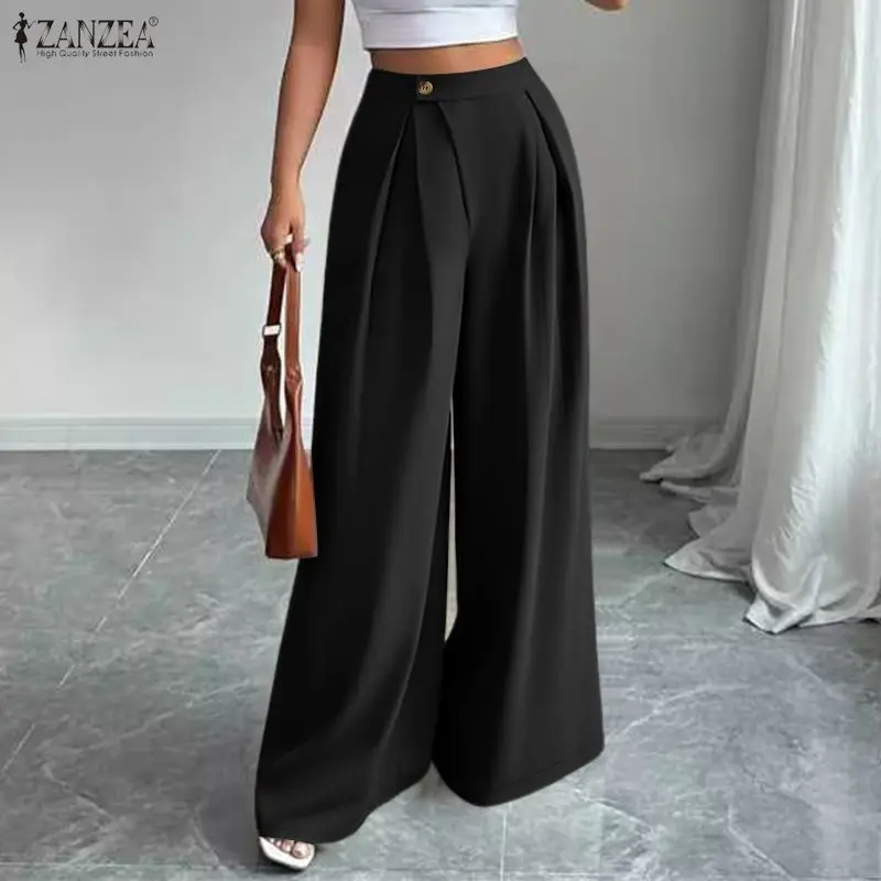 

ZANZEA Women's Minimalist Pleated Wide Leg Pants Casual Elastic Back Waist Solid Color Trousers Commuting Pantalones Femme