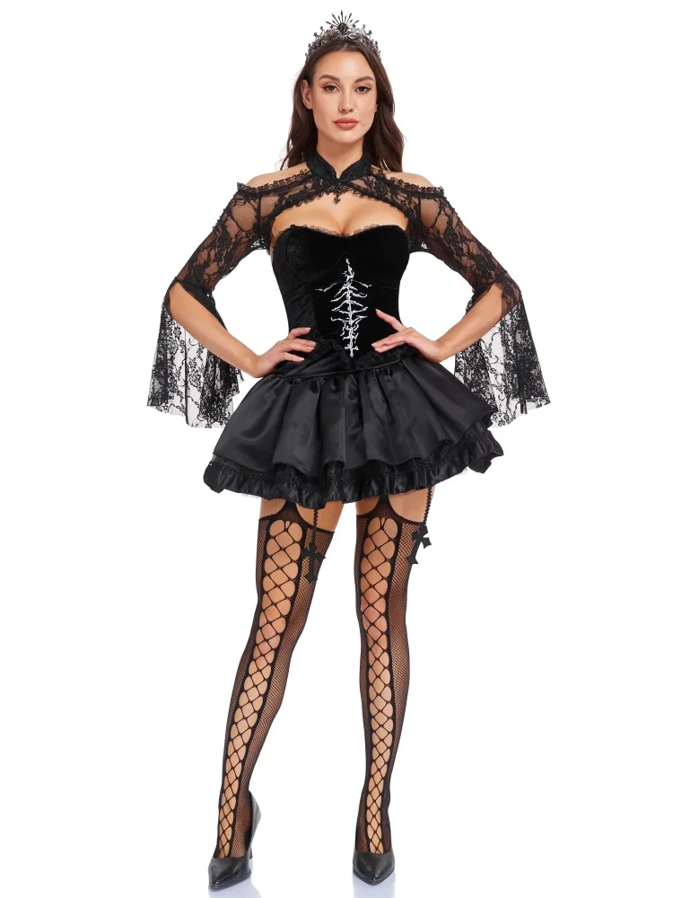 Gotisches Skelett-Cosplay-Kostüm für Damen, schulterfreies Kleid mit Spitze und ausgestellten Ärmeln, kurzes Kleid für Halloween, Nachtclub, Karneval, Rollenspiel-Outfit – Detail 12