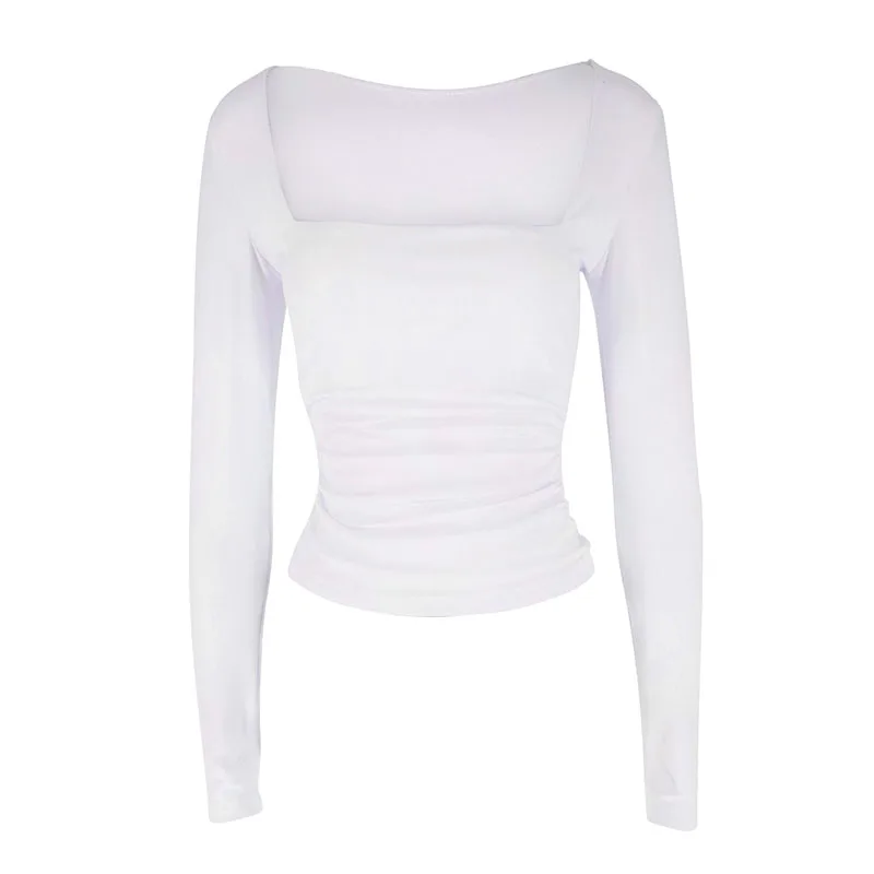 Herbst Neu Damen T-Shirt Streetwear Mode Langarm Lässig Schmal Vielseitig Damen T-Shirt Einfarbig Sexy Tiefer Ausschnitt Oberteile Kleidung – Detail 26
