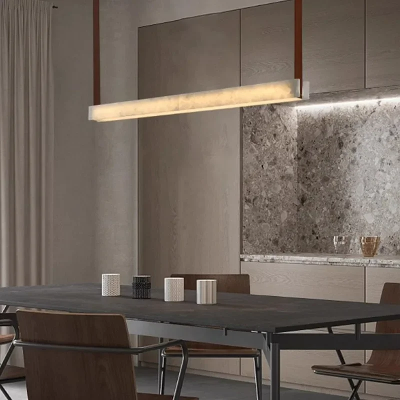 الإسبانية الرخام الطبيعي الثريا غرفة المعيشة مطعم مصمم الإبداعية النحاس النقي الجلود قلادة طويلة مصباح فوق الطاولة #6