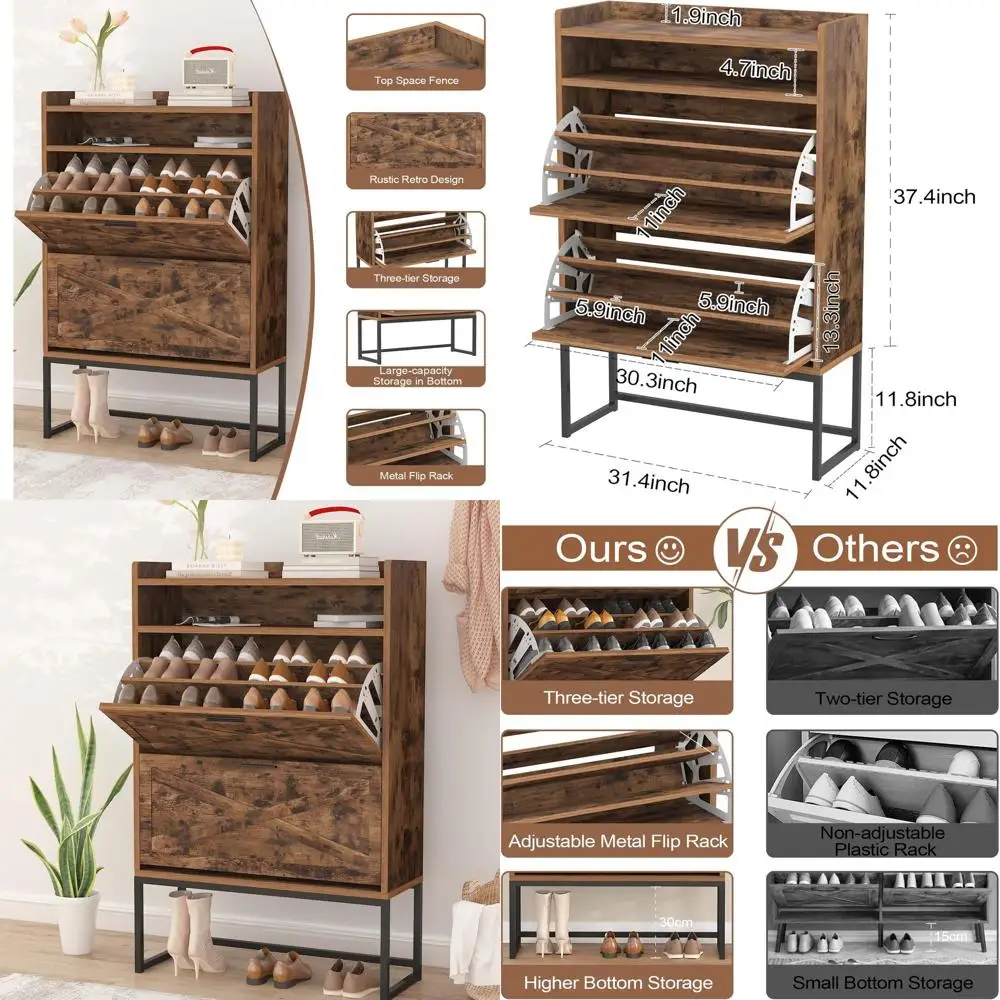 

3-Tier Entryway Shoe Cabinet with Metal Legs and Adjustable Rack
