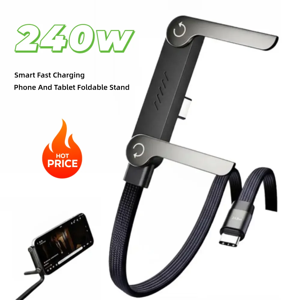 

Кабель для быстрой зарядки 240 Вт с умной функцией и складной подставкой, универсальный кабель 2-в-1 для передачи данных для телефонов и планшетов