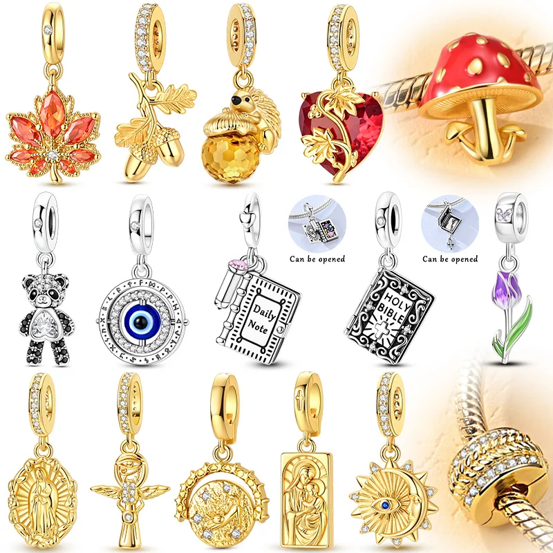 925 Sterling Silver Original Charms Pendant Fit Bracelet Diy Golden Autumn Hazelnut Bible Panda Beads For Woman Jewelry