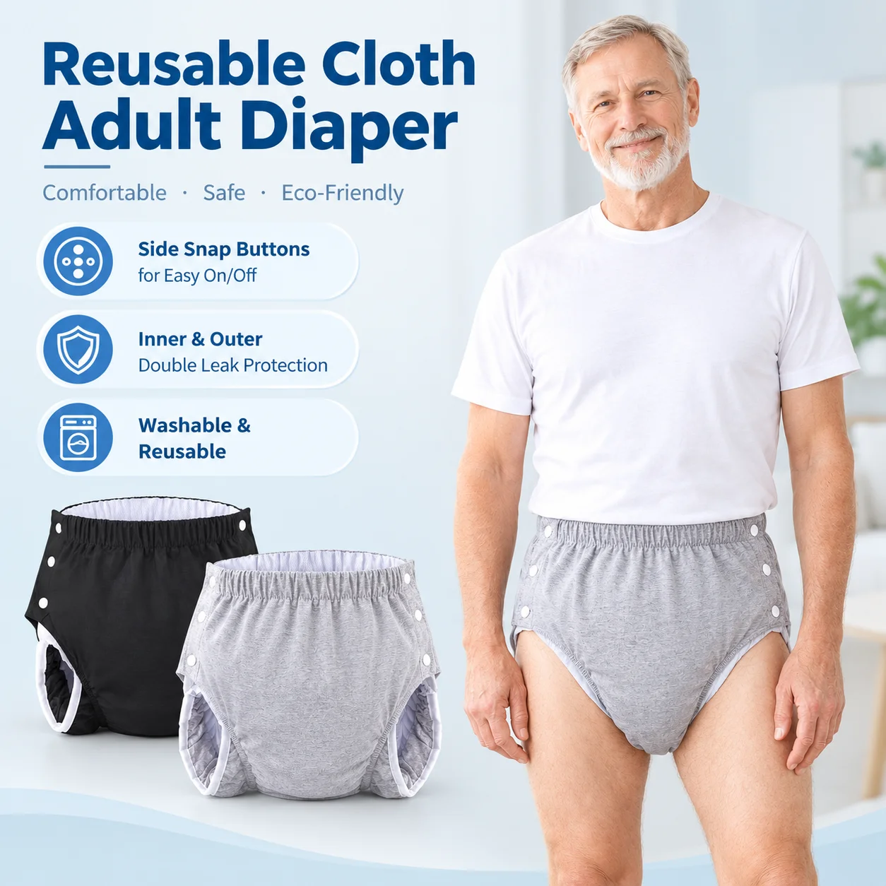 Washable Reusable Adult Diaper Incontinence Underwear Side Snap Cloth Diaper Leak‑Proof Breathable Cotton Care Pant For Disabled