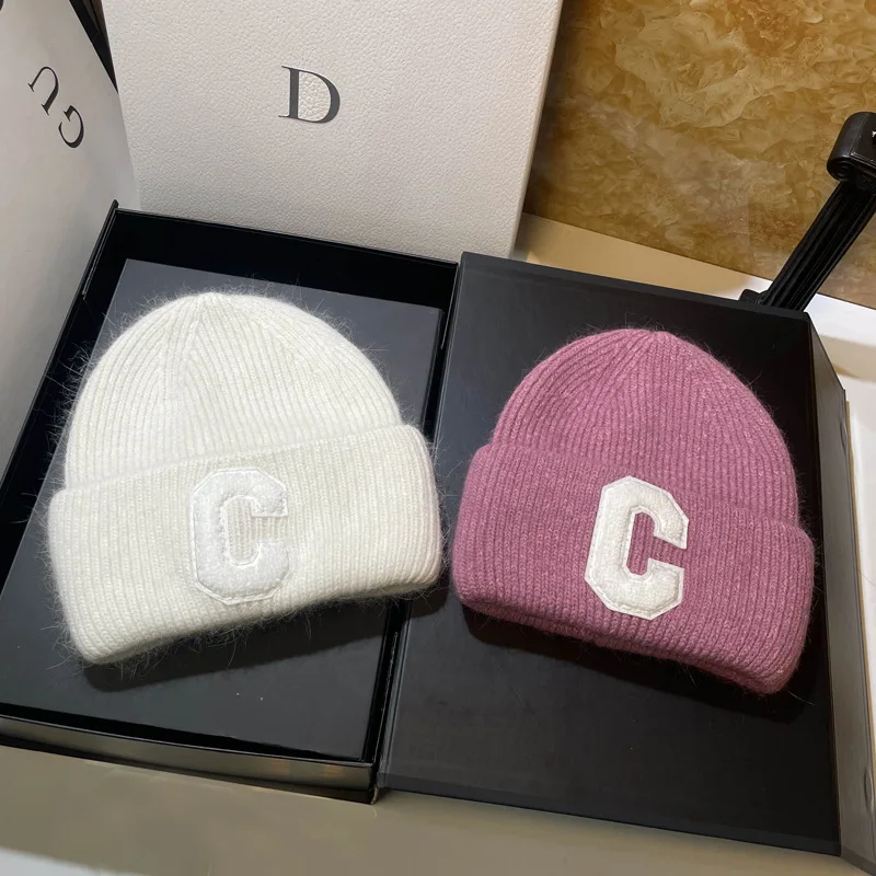 Unisex Fashion C Letter Desig Knitted Hat Winter Autumn Rabbit Fur Beanie Cap Brand Female Thicken Warm Skullies Caps bicycle