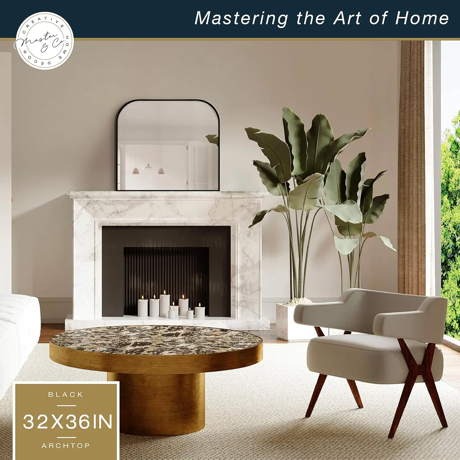 Master & Co. Modern Metal Large Wall Mirror, Minimalist Home Decor Mantle Arch Mirror for Living Room, Bedroom, or Bathroom, 36