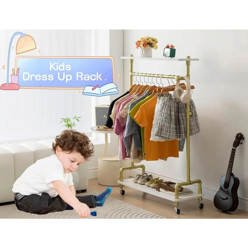 رف ملابس الأطفال، خزانة تخزين للفتيات الصغيرات، رف ملابس للأطفال الصغار مع رف خشبي، أنبوب دوار لزي الأطفال Ra #6