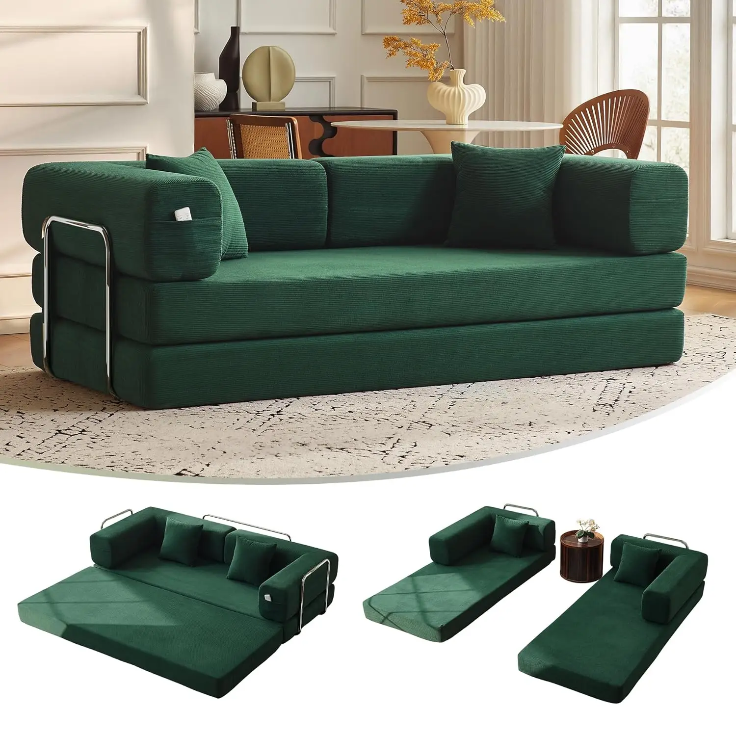 Fixed Shape Frame Boneless Sleeper Sofa 79 Inch Corduroy Convertible Sofa Bed Foldable Couch with Pillows Indoor Decor
