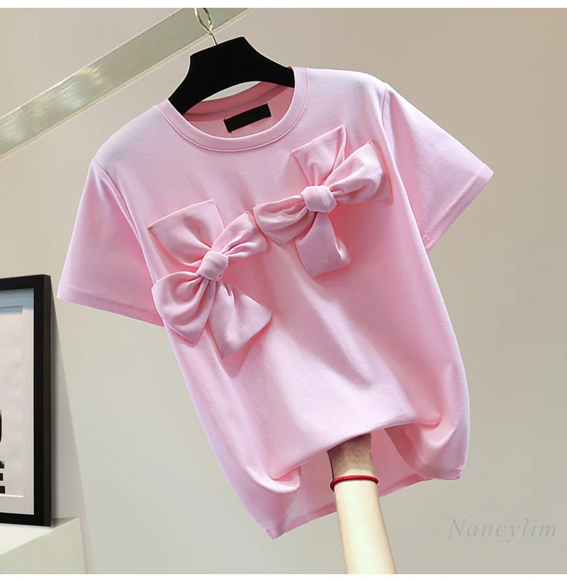 Bow Splicing Short-sleeved T-Shirt 2025 Spring and Summer New Women's Round Neck Straight Top Pink White Tshirt Tees