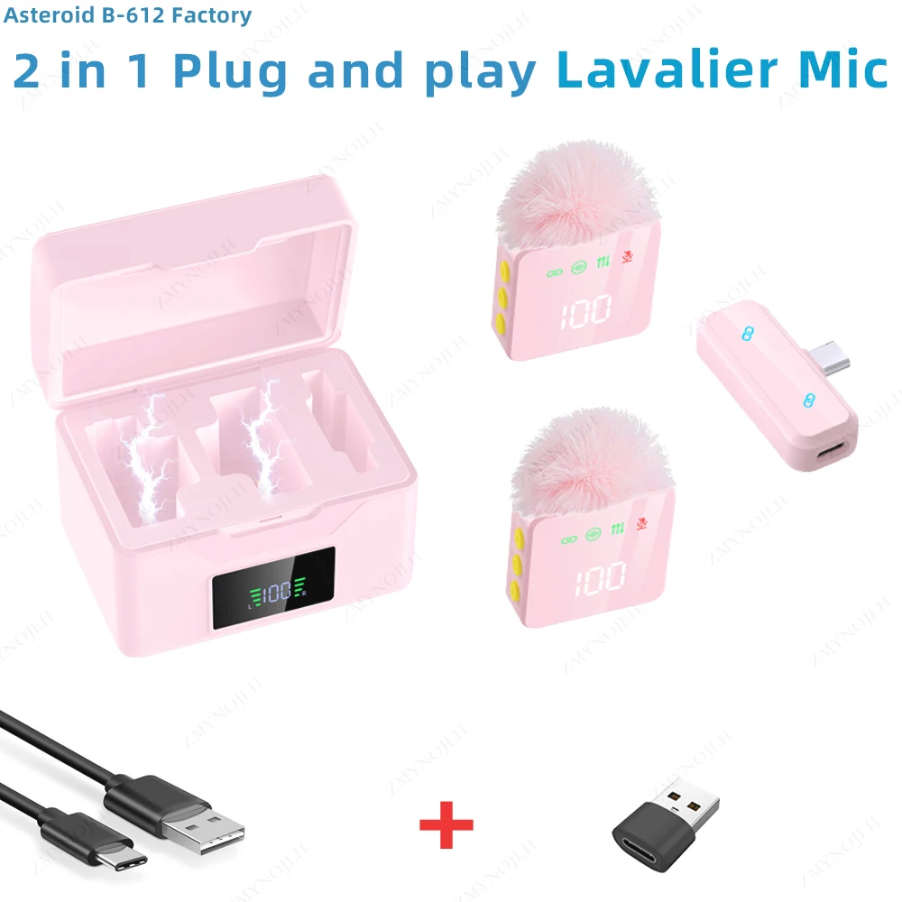 Pink Black Tone Wireless Lavalier Mic 2Pack Noise Cancelling Charging Case USB Adapter Earphone Wind Muff LED for iPhone Android