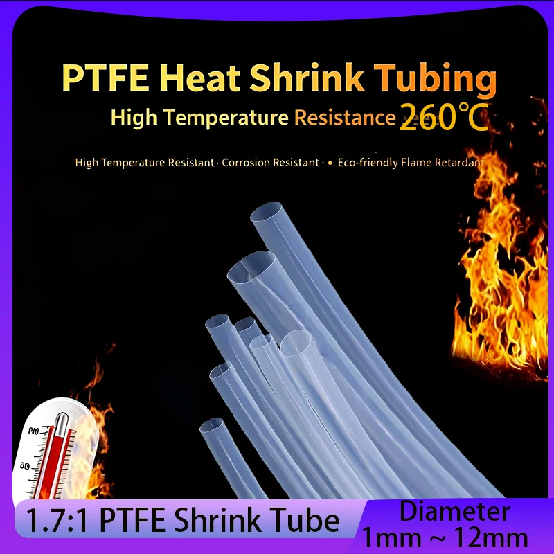 1/10M  1.7:1 Clear PTFE Shrink Tube Dia 1mm ~ 12mm Shrinkage 260℃ 600V High Temperature Pipe Shrink Tubing For Wires