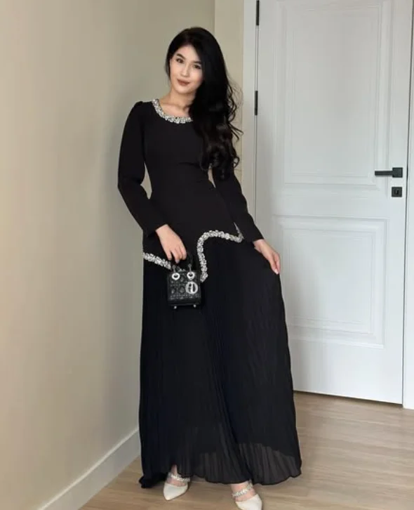 Di alta Qualità Personalizzato Lunghezza Caviglia Piega In Rilievo Maniche Lunghe Nero Vestido De Festa De Casamento Пла coi coi rezorsi®dheтиль Donne
