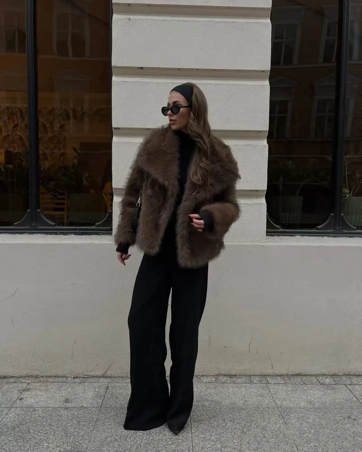 인조 모피 여성 코트, 데미 시즌 코쿤형 레이스업 노치 라펠 후드 테일러드 스트리트웨어, 양면 셰기드 인조 모피