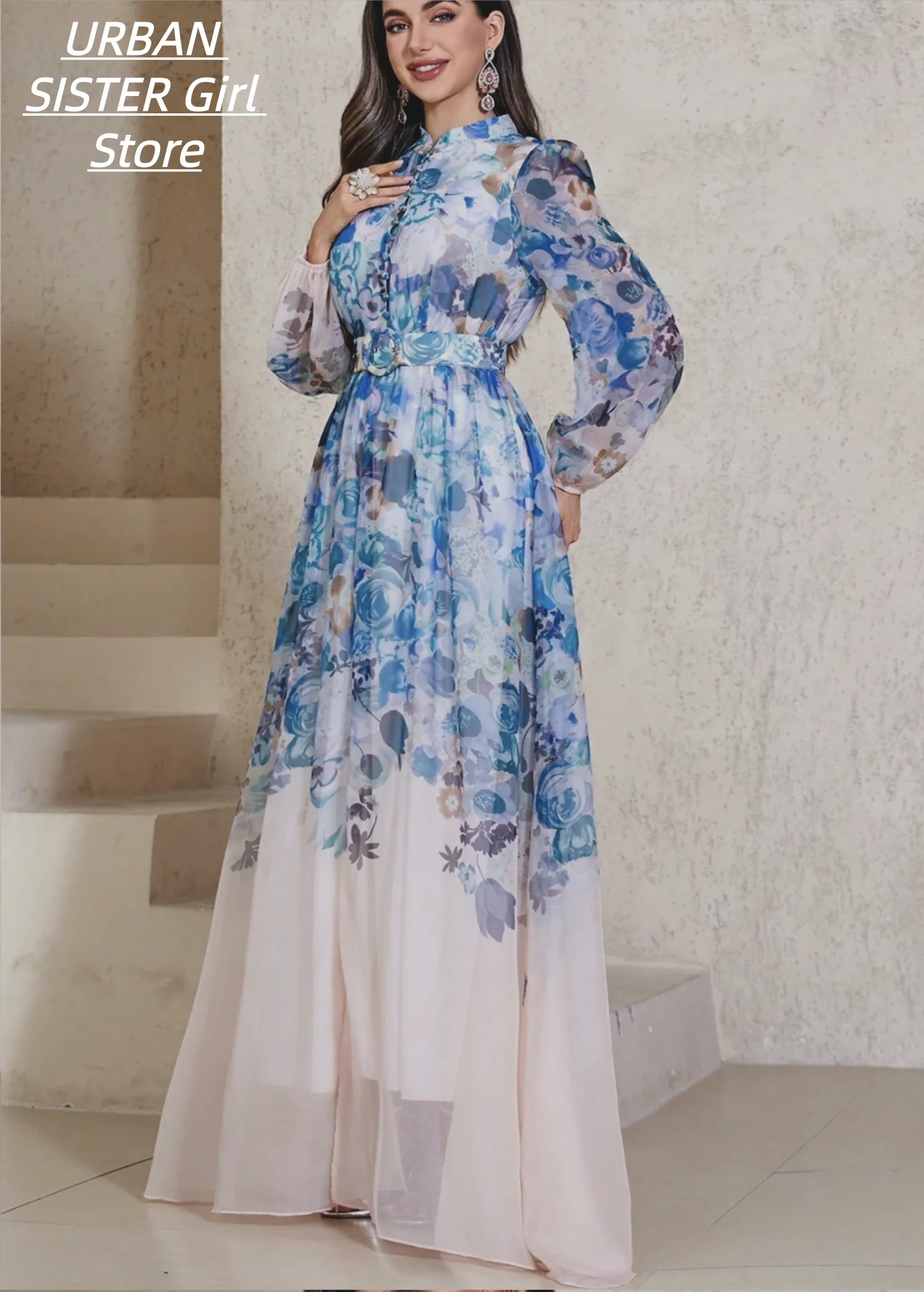 Blue Gradient Floral Print Stand-Collar Buttoned Lantern Long-Sleeve Chiffon Maxi Dress with Matching Belt, Conservative Style Evening Gown