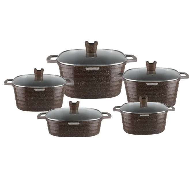 Square pot 10-piece set non-stick pan aluminum die-cast pot set horizontal stripe square soup pot