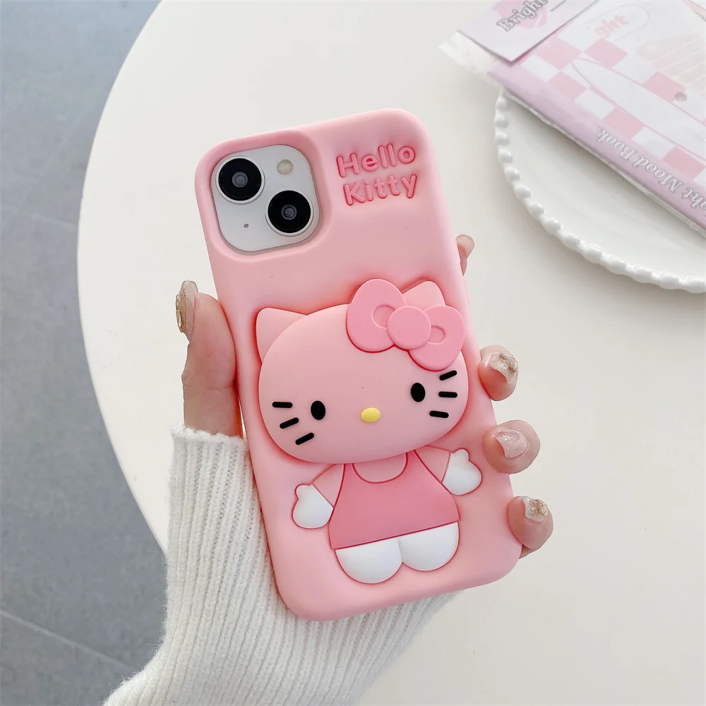 For iPhone 16 Pro Max 15 14 13 12 11  Pro Max 16 Plus 3D Cartoon Pink Hello Kitty Phone Case Cute Pop Holder Silicon Soft Cover