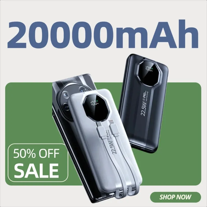 

Супербыстрый портативный аккумулятор с встроенным кабелем, 20000 мАч, миниатюрный и компактный