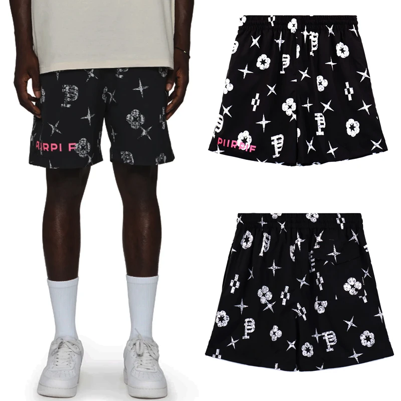 24ss Paars Merk Zwart Wit Mesh Ademende Korte Broek Heren Dames Shorts Paars Merk Casual Strandshort Met Bloemenprint