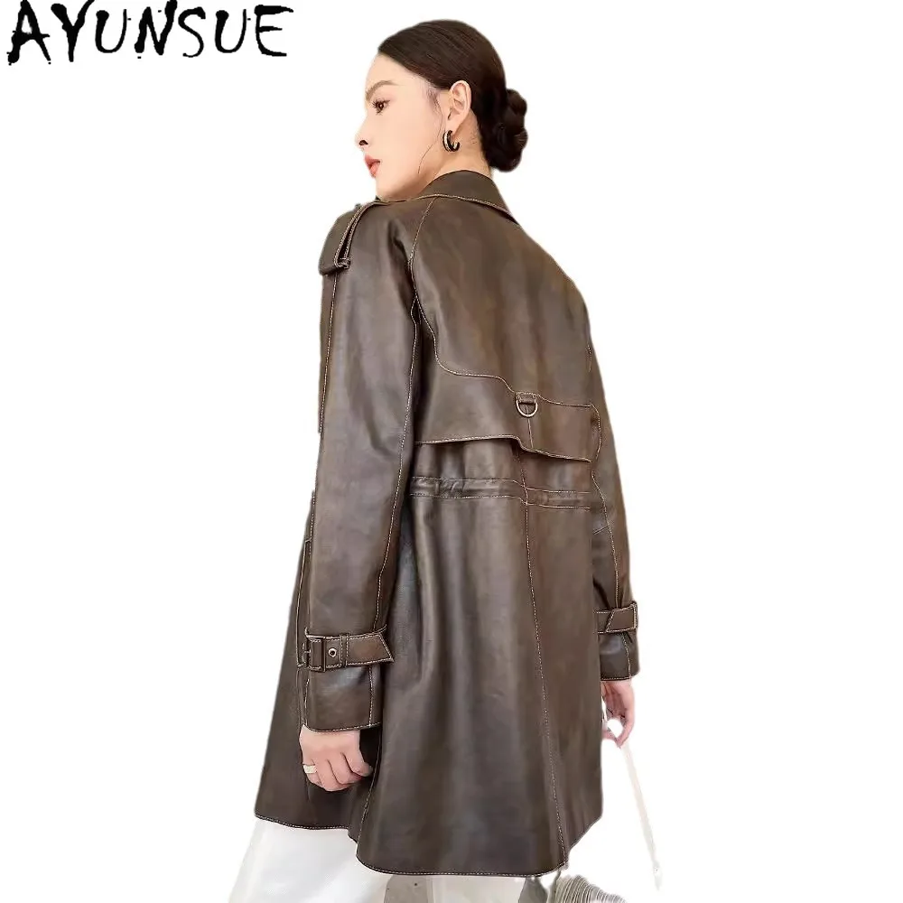 AYUNSUE Echt Leder Jacke Frauen 2025, Echtem Schaffell Mid-länge Graben Mantel Herbst Frau Kleidung Anzug Kragen Jaqueta couro