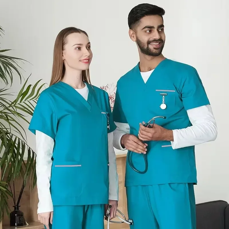 Vendite all'ingrosso Scrub Set infermiera abbigliamento da lavoro Scrub uniformi infermieristiche scollo a V donna uomo tinta unita tuta da lavoro medico a buon mercato