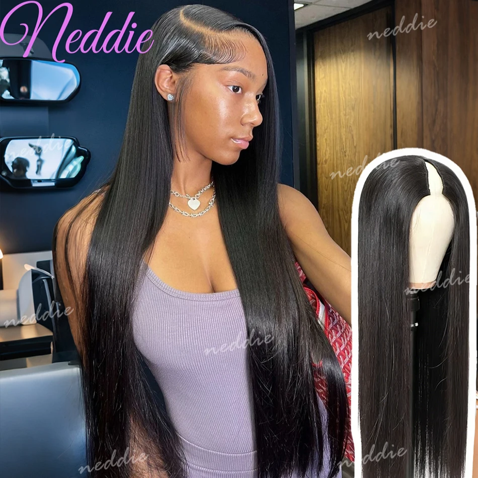 

Прямые парики с V-образным вырезом, 100% натуральные человеческие волосы, без пришивания, без необходимости оставлять свои волосы, без клея, натуральный черный цвет, готовые к носке.