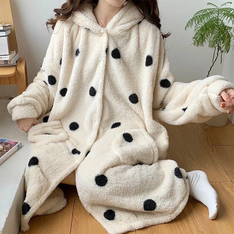 Polka Dot Nightdress Women's Sexy Bathrobe Hooded Nightgown Thickened Flannel Warm Sleepwear Coral Fleece Home Wear Loungewear