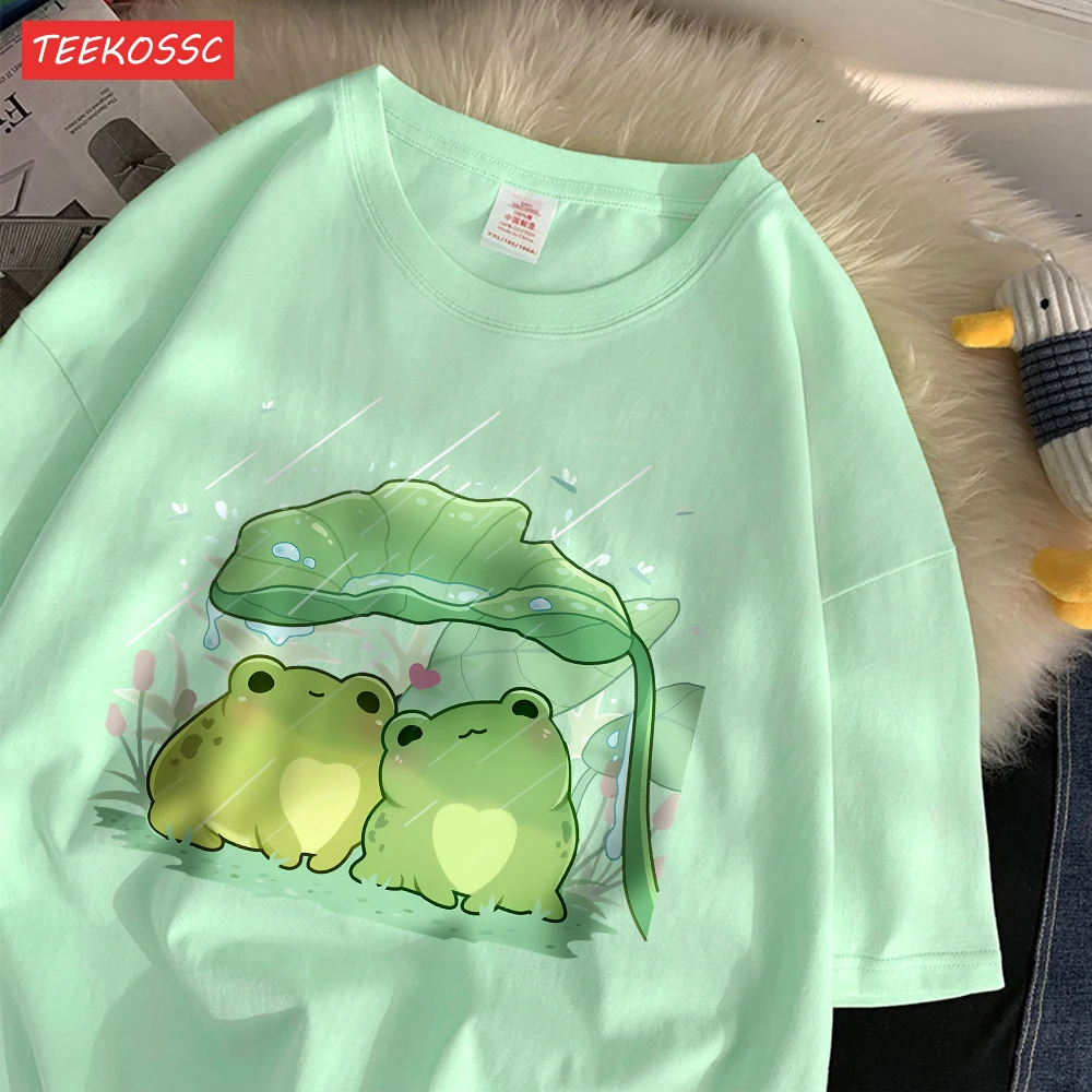 Fashion Cotton Womens T-Shirts Two Frogs Sheltering From The Rain Printing Short Sleeve Soft Loose O-Neck Street Female Clothes