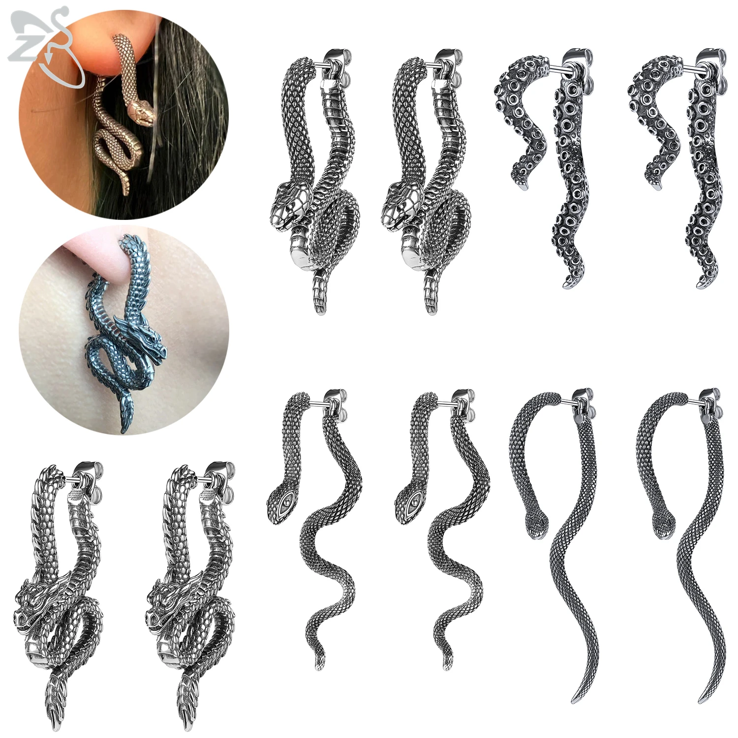 ZS 1 Pair Double-sided Snake Pendant Stud Earring For Men Women Stainless Steel Front Back Ear Stud Dragon Octopus Drop Earrings