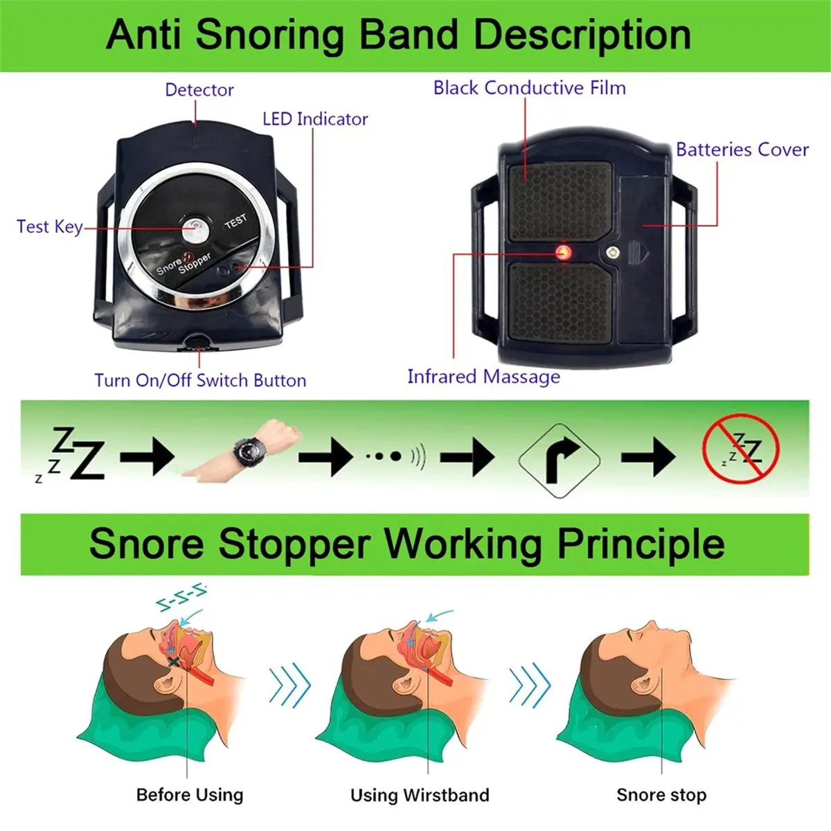 NOCM Electronic Auto Anti Snore Wristband New Cessation Cure Solution Sleeping Night Guard Aide Snore Go Away Biosensor