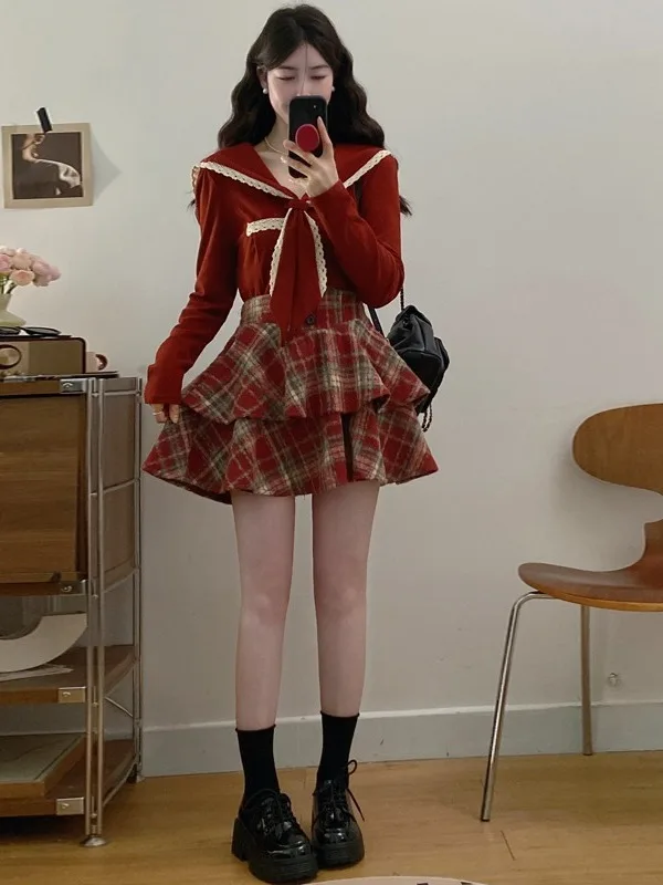 

plus Size Women's Sweet Sle irt And Skirt Set with Bow Tie Naval Collar Plaid A-Line Skirt Autumn Winter Faion