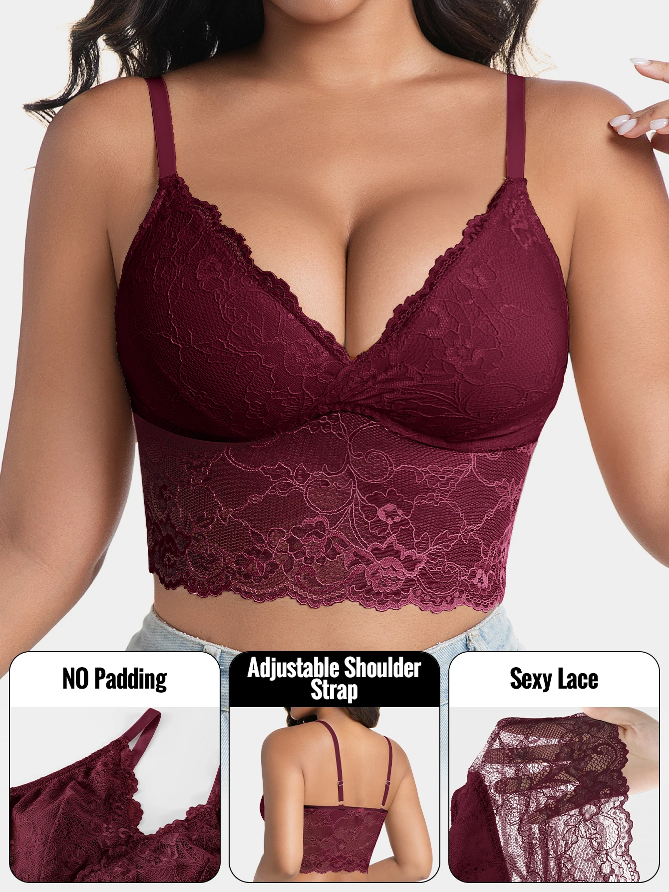 Women's Sexy V-Neck Lace Pattern Splicing Camisole Lightweight Wireless Unpadded Adjustable Straps Soft Lace Hollow-Out Back