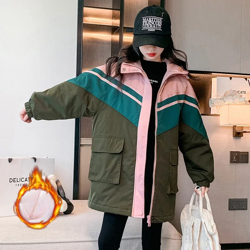 

2024 Winter Clothes for Girls Casual Loose Mid-length Patchwork Color Jacket Outerwear Thick Warm Teenage Children Parkas Coats