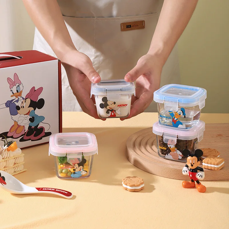 Fiambrera de cristal de borosilicato de Mickey Mouse Minnie con tapa, fiambrera cuadrada para horno microondas, fiambrera de dibujos animados, caja de regalos de 4 Uds.