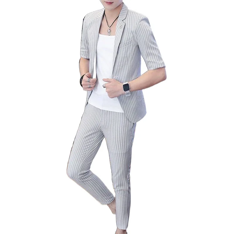 1-G7   Men's Mid-sleeve Striped Suit suit Summer Slim-fit Seven-sleeve Suit Three-piece Set Fashionable Thin Jacket for Work