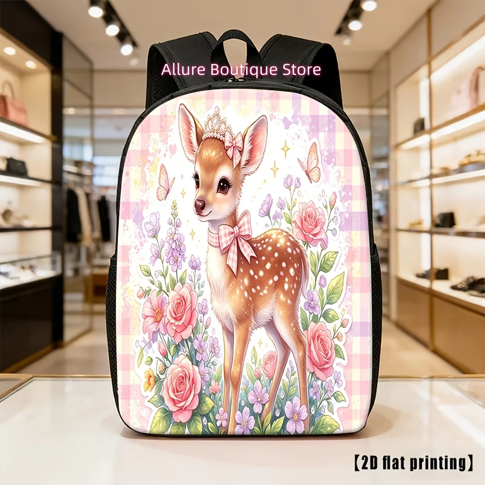 Cute Floral Little Deer with Pink Roses Print Casual Lightweight Backpack, Unisex, Suitable for Daily Commuting, Travel, Campus
