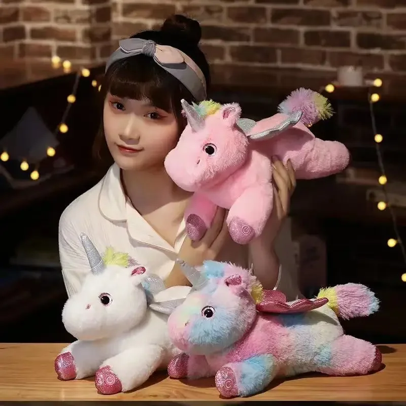 Boneka mainan mewah Unicorn, boneka liburan hadiah kreatif berpendar lucu dan nyaman