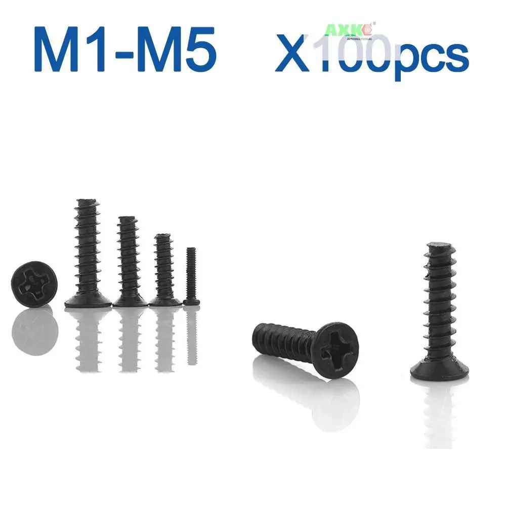 100pcs/lot Cross Recessed Countersunk Head Self-tapping Screw M1 M1.2 M2 M2.3 M2.6 M3 M4 M5 Black Carbon Steel Mini Screw