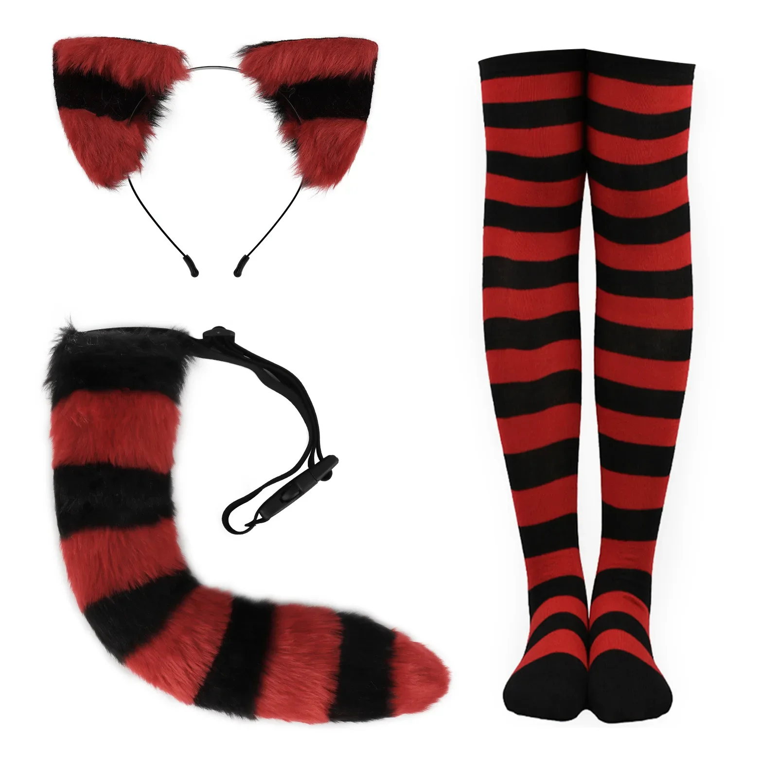 Striped Furry Cat Ear Headband and Tail Stockings Set Knee Socks Cosplay Halloween Party Props Maid Costume Lolita Fancy Dress