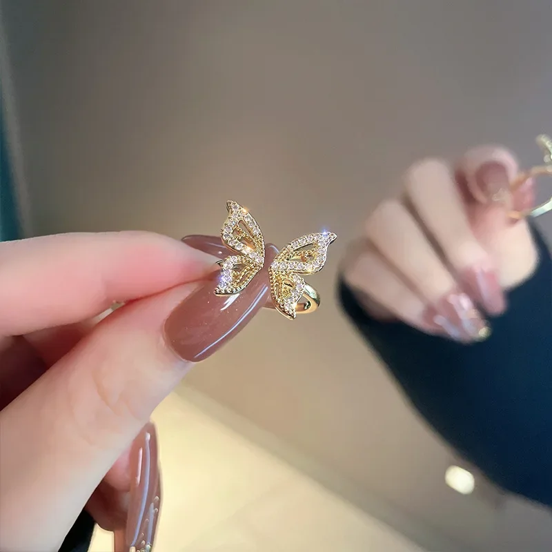 Individuality Zircon Golden Butterfly Open Ring Women's Classic Beautiful Fashion Daily Accessory Party Jewelry Birthday Gifts