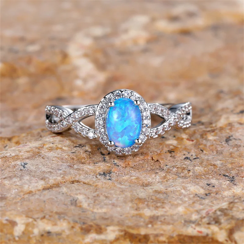 Women's Blue Opal Stone Infinity Engagement Ring with White Zircon