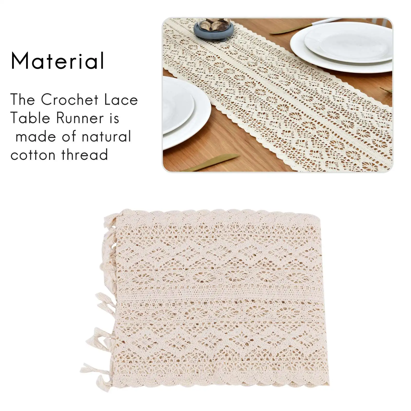 A013 Elegant Cream Crochet Lace Macrame Table Runner with Tassels for Rustic Wedding Decoration and Farmhouse Table Decor