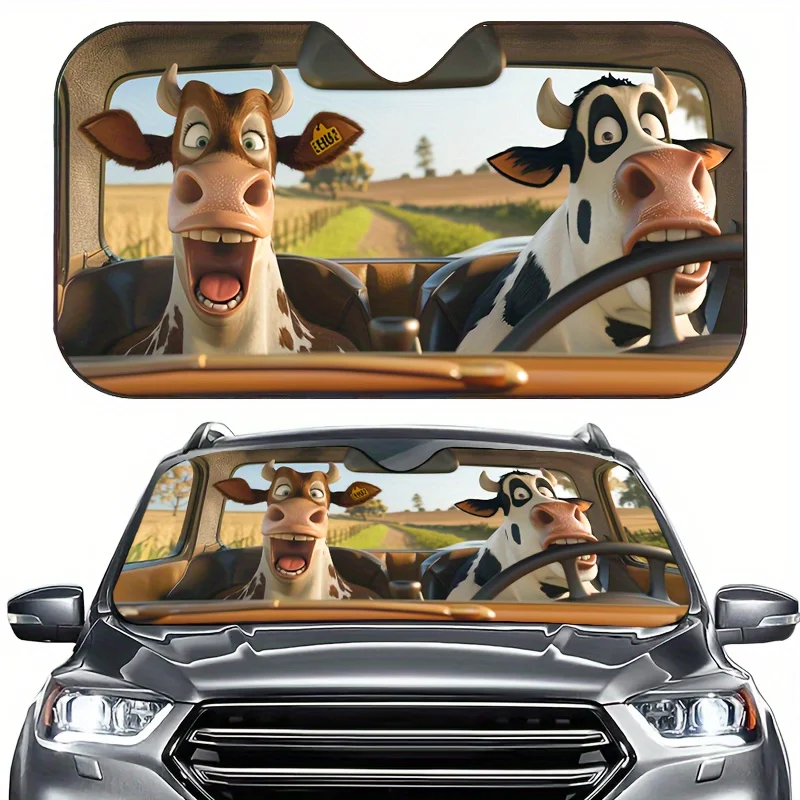 

1pc Funny Cow Car Sunshade Visor, Polyester Fabric Vehicle Interior Accessory, Auto Windshield Sun Blocker With UV Protection, H
