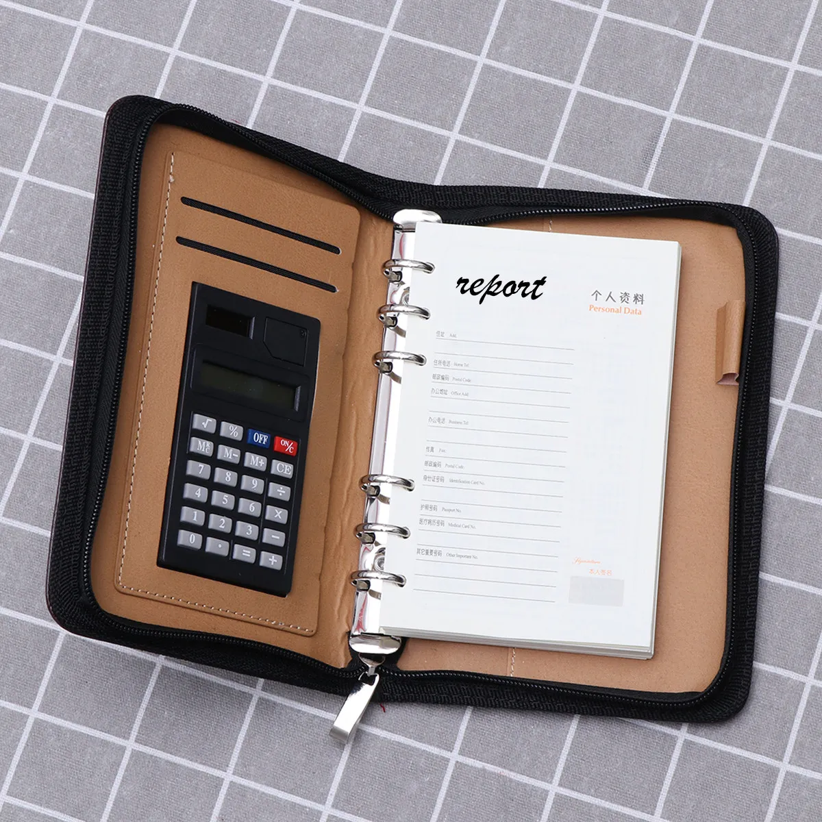 PU Cover A6 Zipper Notebook Loose-Leaf Business Notepad Coffee Large File Pocket 6 Ring Binder Calculator Travel