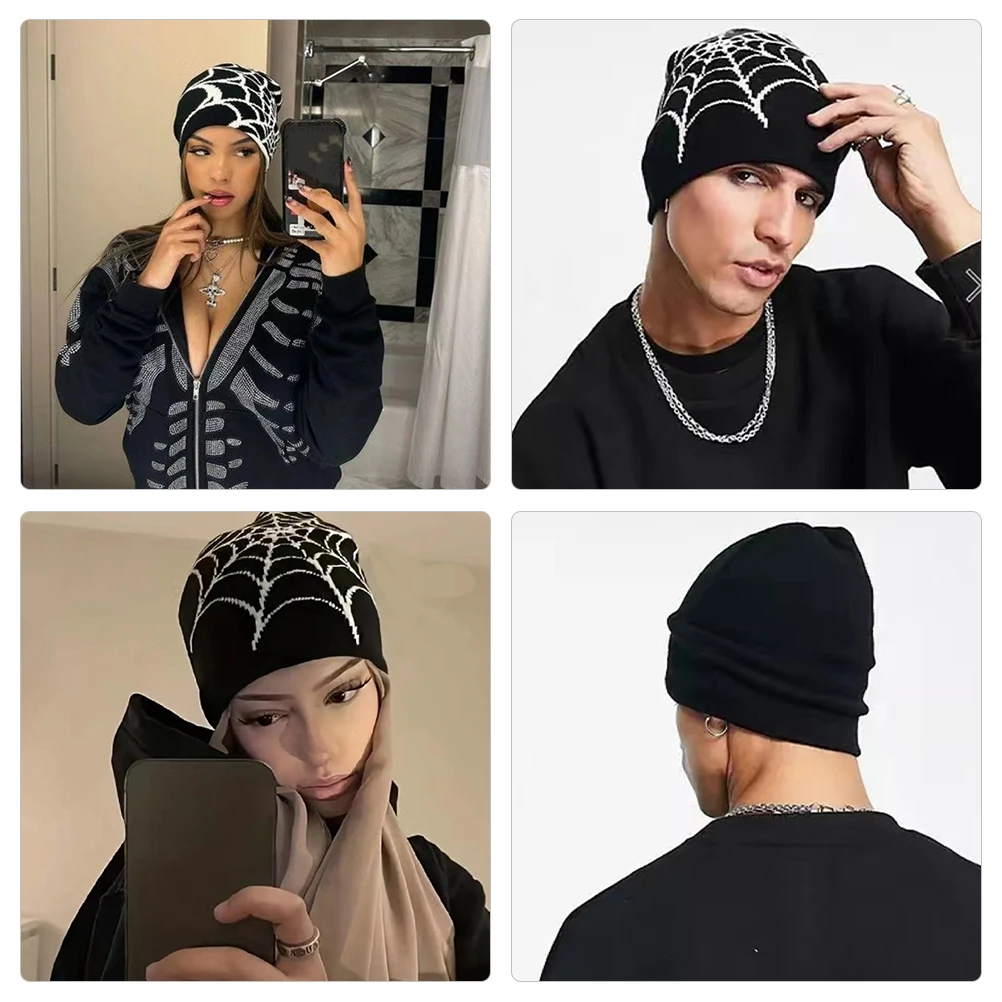 

2pcs Black Spider Web Knitted Hats Unisex Washable Warm Winter Caps Soft Comfortable Stylish Fashionable Outdoor Activities