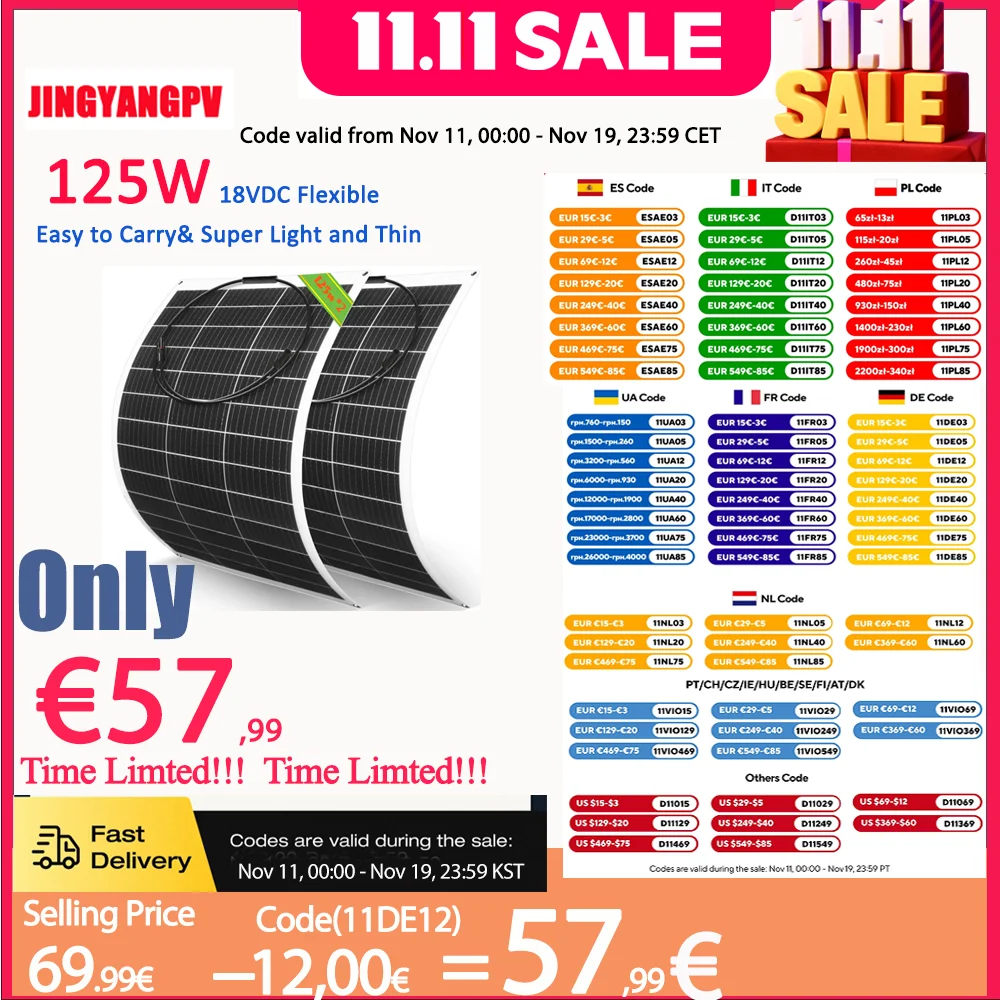 

18V Solar Panel 125W 250W Flexible Solar Panels Monocrystaillne Solar Cell 12V/24V Battery Charge 1000W Home System Kits RV Boat